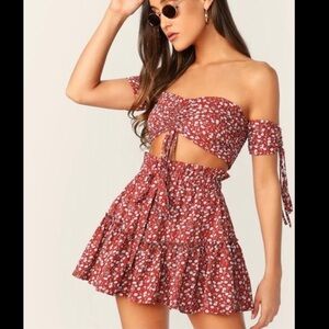 Floral Ruched Crop Top & Flounce Skirt Set sz M